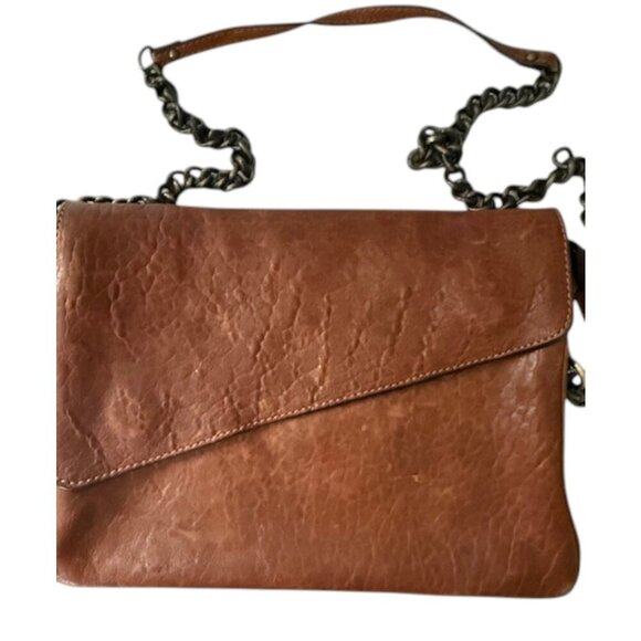 MAXON COLLECTION Brown Worn Textured Leather Crossbody Bag Chain Made in Italy - Picture 3 of 16